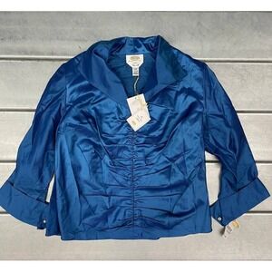 Talbots Ruched Pure Silk‎ Blouse Top Womens 12WP Blue V-Neck French Cuff Sleeve